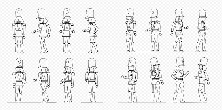 Line art illustrations of nutcracker soldiers in various poses and angles, black and white outline drawings.