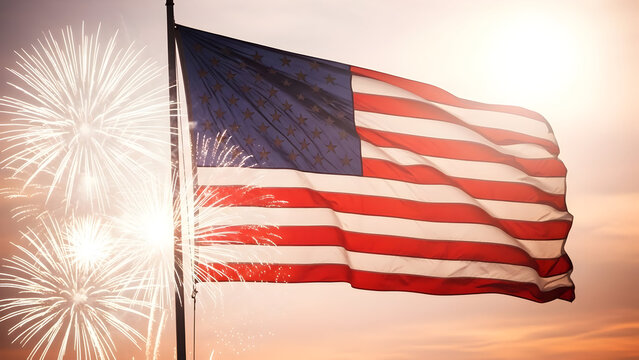 American flag waving with fireworks display for independence day celebration - Powered by Adobe