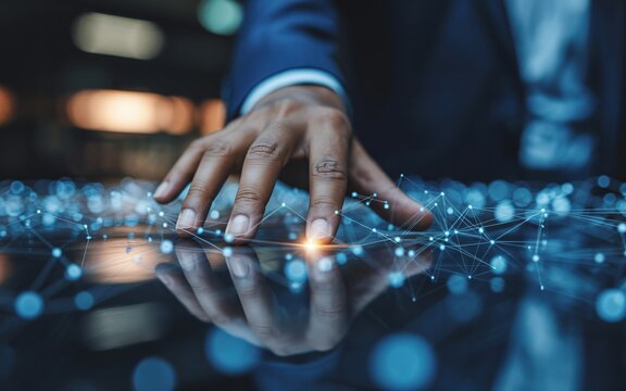  human hand reaches out to touch a reflective surface covered in a network of glowing blue nodes and lines.  - Powered by Adobe