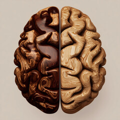 Stylized wooden brain sculpture with detailed carved folds, contrasting dark and light wood textures, organic abstract design highlighting natural grain patterns in modern artistic composition
