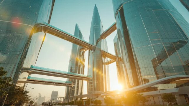 Modern architecture with skybridges connecting towering glass buildings