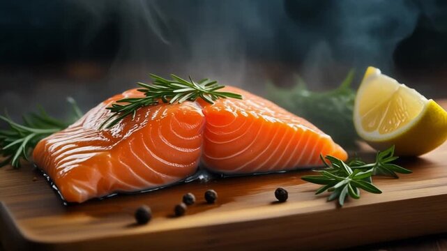 Fresh salmon fillets garnished with rosemary on wooden board with peppercorns and lemon, steaming hot, culinary delight.