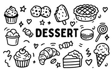 Hand-drawn dessert doodle set. sweet sketches of cakes, pastries, donuts, waffles, ice cream, candy, chocolate.