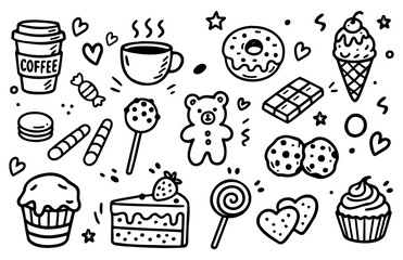 Hand-drawn dessert doodle set. sweet sketches of cakes, pastries, donuts, waffles, ice cream, candy, chocolate.