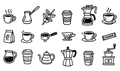 Hand-drawn coffee shop. doodle set with coffee makers, beans, cups, desserts. for café branding, stickers, menus