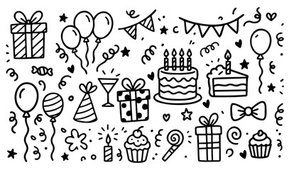 Hand Drawn Happy Birthday Doodle Set. cake, balloons, party, celebration