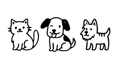 Vector set of pets in doodle style. Hand drawn. Pets dog and cat.