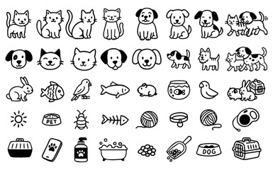 Vector set of pets in doodle style. Hand drawn. Pet accessories elements: bone, paw, leash, food, cat and dog.