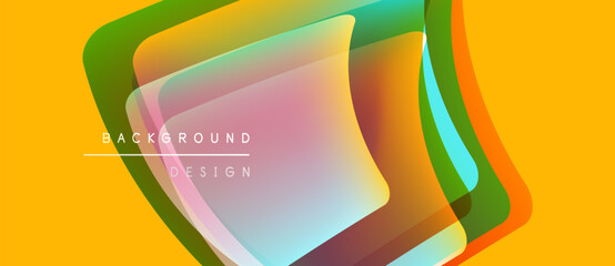 Abstract geometric design. Overlapping squares create vibrant color gradients. Yellow backdrop emphasizes layered shapes, modern aesthetic.