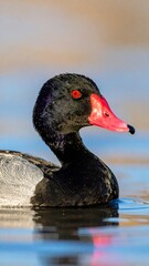 Duck with red beak and black head swimming in water, looking to the right