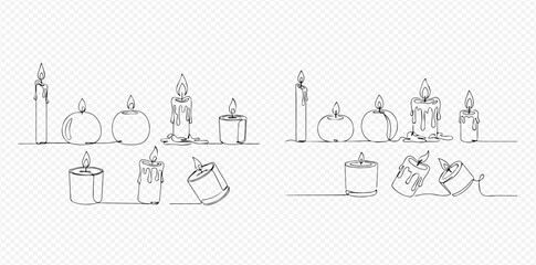 Continuous line art drawing of various burning candles, including pillar, round, and tea light candles, with some showing melted wax.