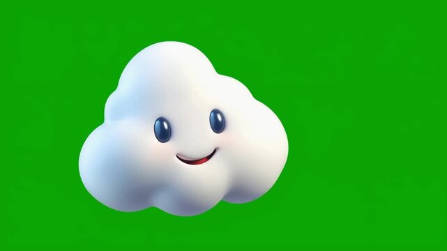 A cute 3d white fluffy cloud in the center with a smiley face floating on empty green screen background. Concept of minimal style. 3D animation chroma key