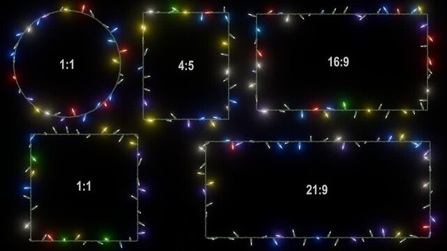 Collection of festive Christmas light frame templates in multiple aspect ratios, for holiday designs, social media posts, and seasonal projects. Seamless background. Created using non-AI 3d software