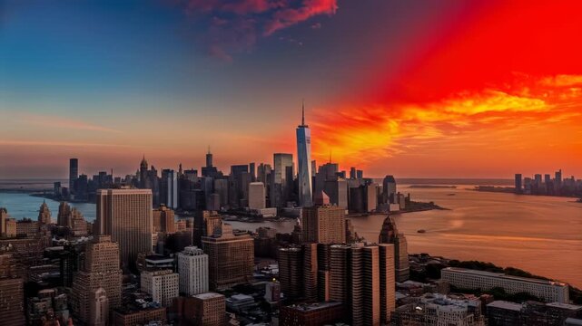 AI climate forecasting concept. Vibrant Sunset Over City Skyline Dramatic Colors Reflecting on Water, Inspiring Climate Thoughts and AI Potential