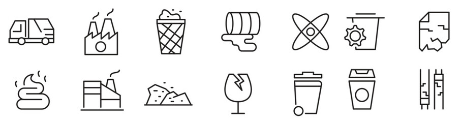 Waste and Recycling line icon set. Eco, save, reduce, reuse, plastic, glass, pollution, dump, refuse, bin, sweep, garbage disposal. trash separation line icon set. Ui thin line icon pack.