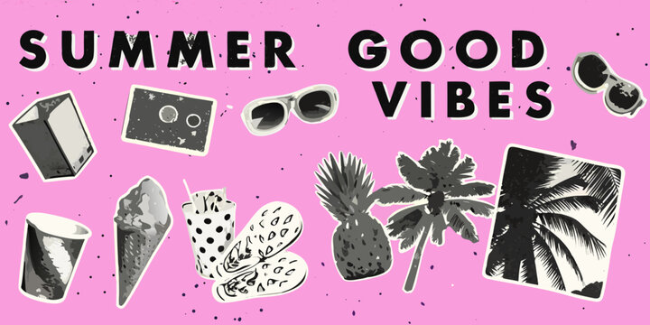 Summer good vibes collage with tropical elements on pink background