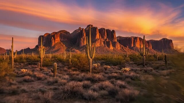 A majestic desert landscape is illuminated by the golden light of a spectacular sunset or sunrise. Towering rock formations glow with rich, warm hues, set against a dynamic sky painted in vibrant oran