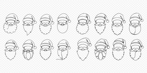A collection of black and white line art illustrations depicting various Santa Claus faces with different beard styles and hats, on a transparent background.