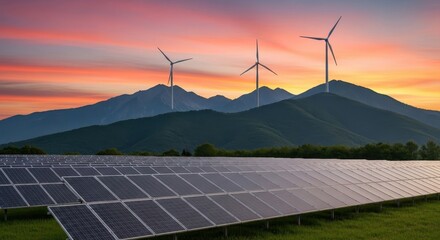 Solar panels and wind turbines harvesting energy at sunset