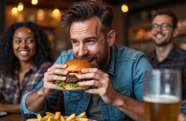 Man eats juicy burger with friends in cozy pub, enjoying casual meal with beer. People laugh and talk, having fun together at restaurant bar. Food lover bites large hamburger with relish.