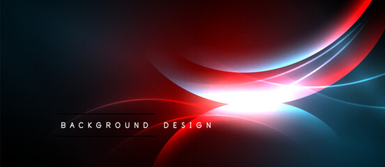 Abstract design features vibrant blue, red gradients. Bright light radiates from center, creating dynamic visual effect. Dark background enhances contrast.