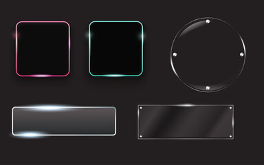 Neon Glass UI Buttons and Transparent Glossy Panels on Dark Background