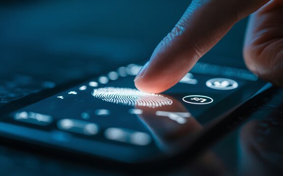 A human finger presses down onto a futuristic digital screen to scan a unique fingerprint for authentication.