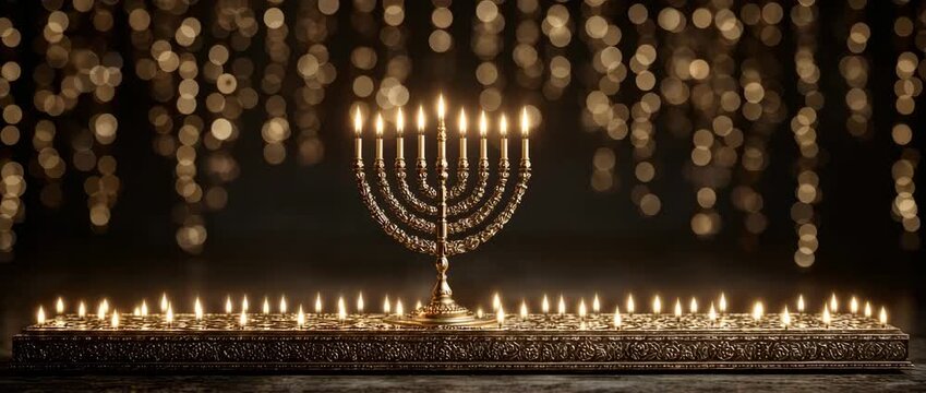 Hanukkah Menorah with Glowing Candles and Warm Bokeh Lights
