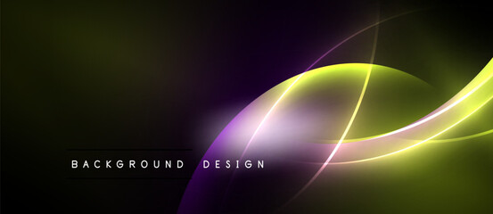 Abstract background features flowing lines, vibrant colors. Yellow, purple gradients create dynamic visual effect. Modern design element.