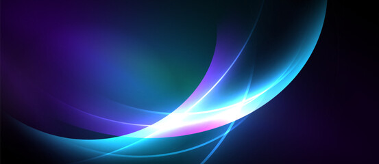 Abstract flowing lines, vibrant blues, purples, white glow. Dynamic energy radiates from central light source. Smooth gradients create depth.