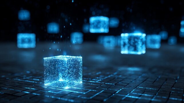 Futuristic Digital Cubes with Binary Code in Blue Holographic Display - Powered by Adobe