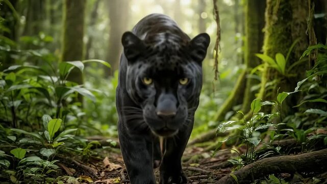 A majestic melanistic big cat, often referred to as a black jaguar or black leopard, walks with powerful grace directly towards the viewer through a vibrant, lush tropical rainforest. Its piercing yel