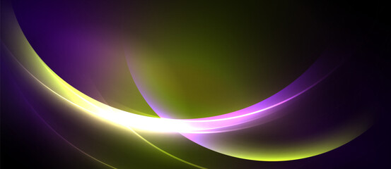Abstract design features flowing curves, vibrant purple, green hues. Bright light emanates from central point, creating dynamic effect.