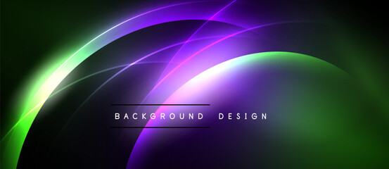 Abstract neon curves, vibrant purple, green hues. Dark background creates dynamic visual effect. Modern design element.