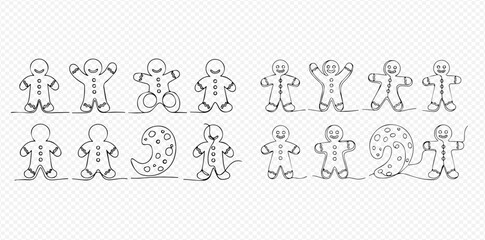 Continuous line art drawing of various gingerbread men and crescent moon shapes, perfect for holiday designs.
