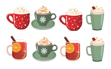 Fototapeta premium winter holiday seamless border with hot drinks in mugs
