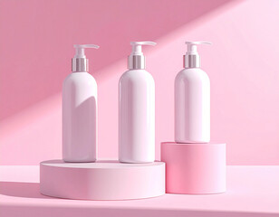 Minimal pink cosmetic pump bottles arranged on geometric stands with soft shadows, creating a clean and modern skincare presentation, image created by AI.