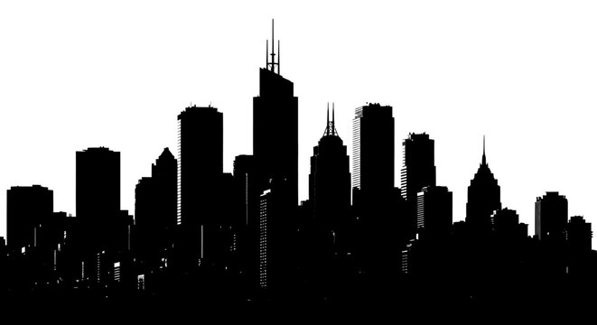 Silhouetted Black Cityscape Depicting Skyscrapers and Various Architectural Structures.