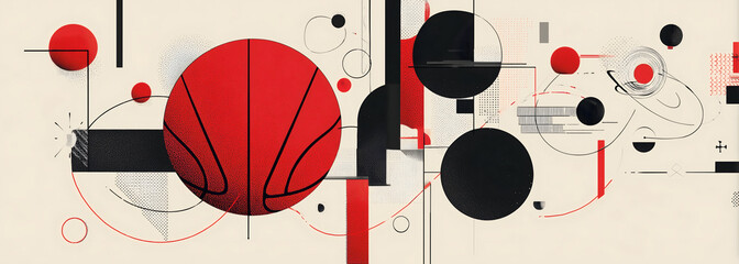 Abstract modern basketball artwork with bold red and black geometric shapes, dynamic lines and minimalist composition blending athletic elements with contemporary graphic design
