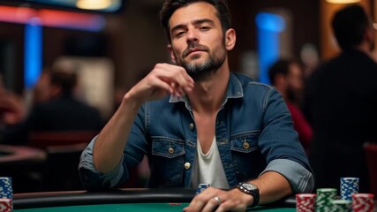 Attractive young man staring at camera sitting at a poker table, casino concept, gambling, slots concept 
