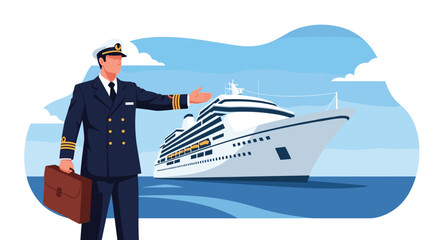 A ship captain in uniform stands with a briefcase, gesturing towards a large cruise ship on the water.