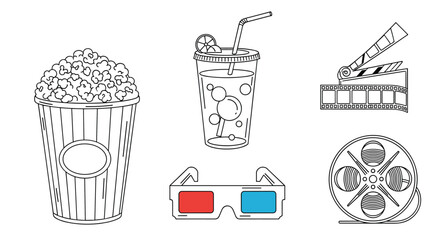 Line art illustrations of movie-themed items including popcorn, a drink, 3D glasses, a clapperboard, and a film reel.