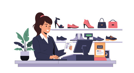 A female store employee wearing a suit works at a cash register with shoes and handbags displayed on shelves.