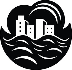 City skyline threatened by a large ocean wave symbolizing flooding and disaster