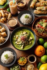 Fototapeta premium A vibrant overhead shot of an Asian food feast, featuring various dishes and ingredients