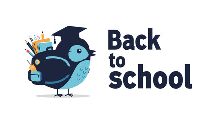 Cute bird wearing a graduation cap and carrying a backpack filled with school supplies, symbolizing back to school.