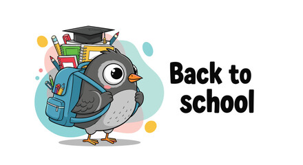 Cute cartoon bird with a backpack full of school supplies ready to go back to school.