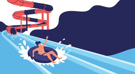 Person enjoying a thrilling ride down a water slide on an inflatable tube, splashing water.