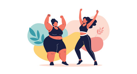 Two women of different body types celebrating with arms raised in a fitness or wellness concept.