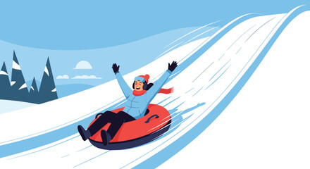 Joyful person tubing down a snowy slope with arms raised in excitement and exhilaration.